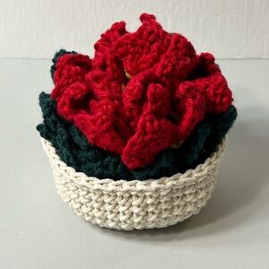 Charming Handmade Crocheted  Poinsettia Flower Coffee Coasters and Basket